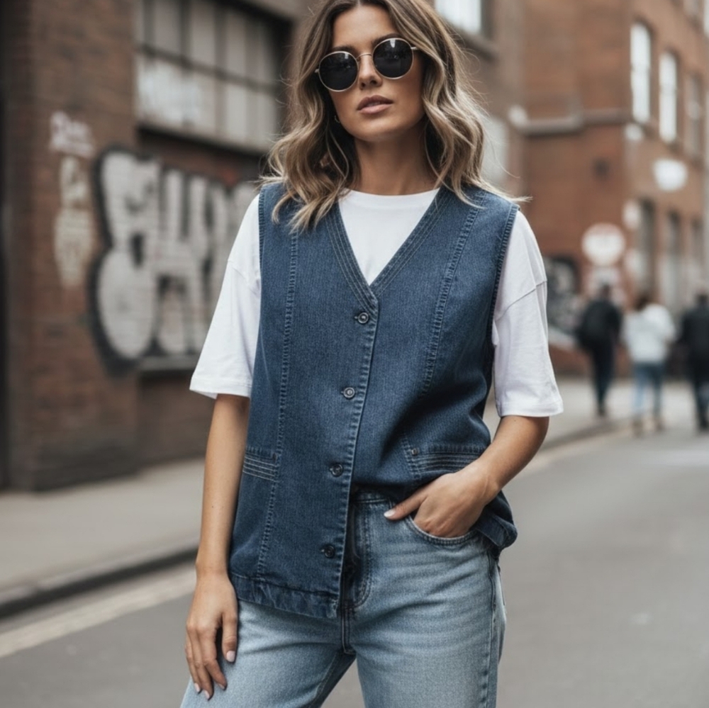 Tellement Vous Dark Wash Denim Vest – Chic Vintage Aesthetic,size L - Picture 10 of 16